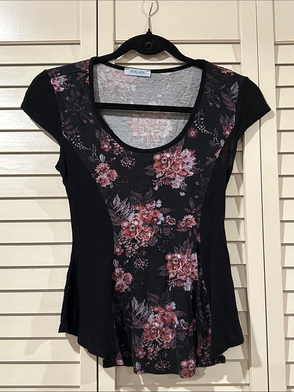 Persaya Black Top with Pink Floral Front Panel Size S
